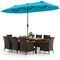 8 Piece Patio Dining Set with Double Sided Solar Umbrella Stackable Chairs Mix Brown